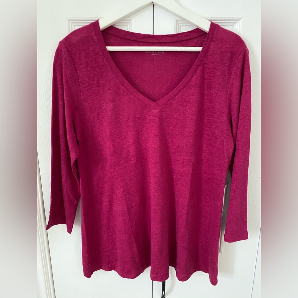 Eileen Fisher NWT 100% Organic Linen Jersey V Neck Box Top 3/4 sleeve  Raspberry